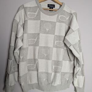 Vintage Golf Theme Knit Crewneck Sweater, Men's Cream, Tosani Canada, Size Mediu